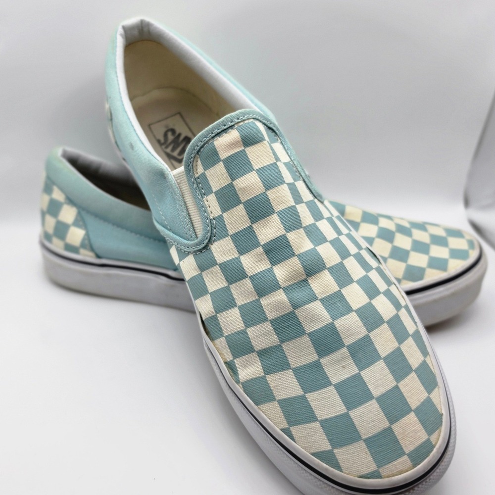 Vans Classic Slip-On Light Blue White Checkerboard Canvas Skate Shoes